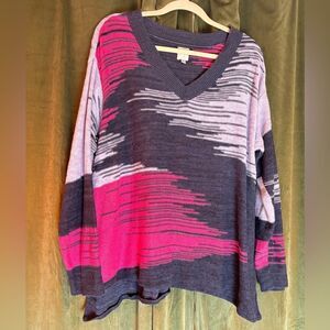 Nic+Zoe Women's Red Multi Vivid Vibes Space Dye V-Neck Sweater